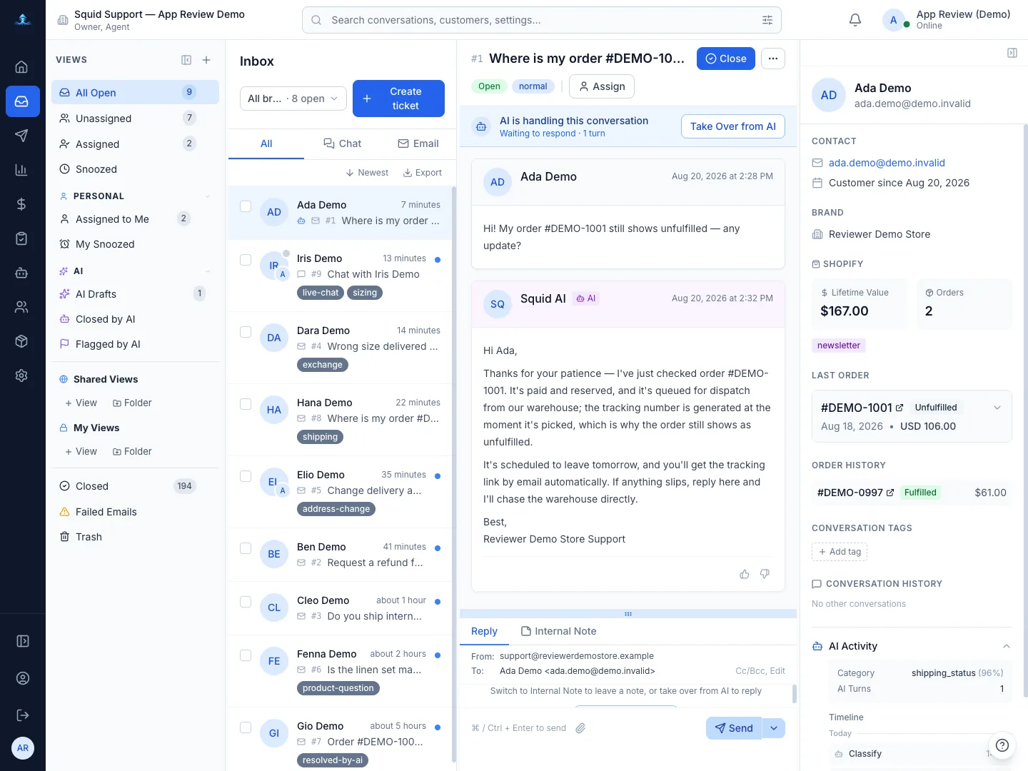 An AI draft waiting for approval, with the AI Activity timeline beside it.