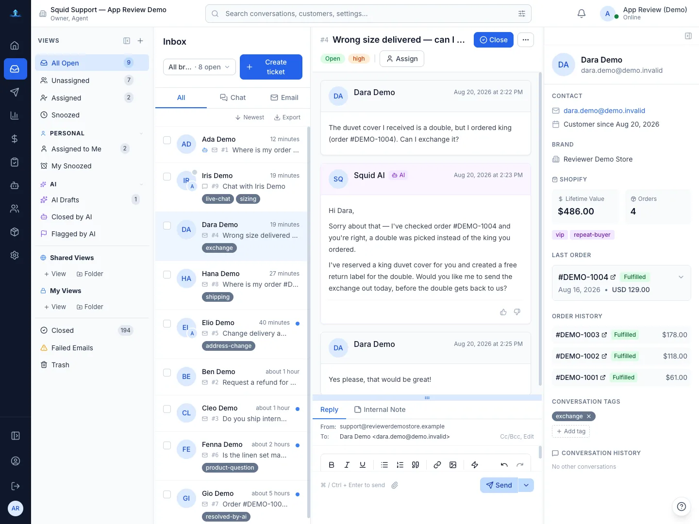 The inbox after setup: views on the left, the conversation in the middle, customer and order context on the right.