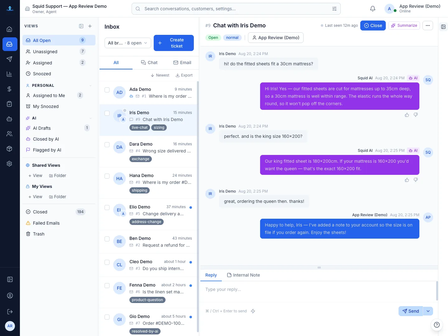 The three panes: views, the conversation list, and the conversation with its customer sidebar.
