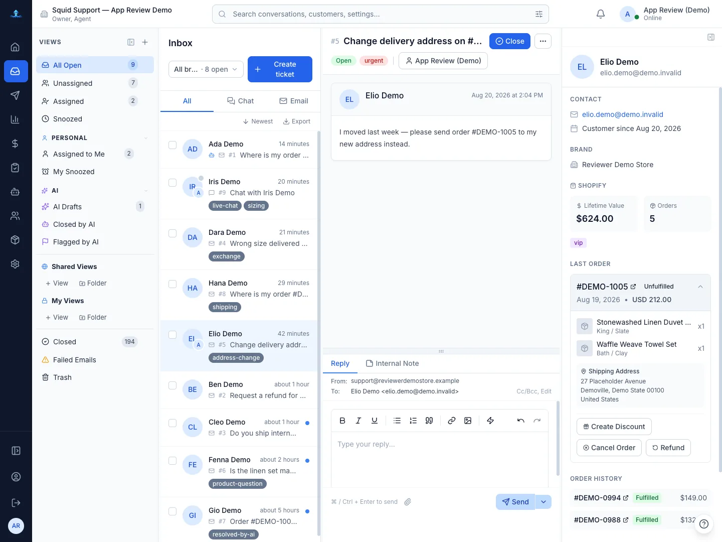 Order context from the connected store, beside the conversation.